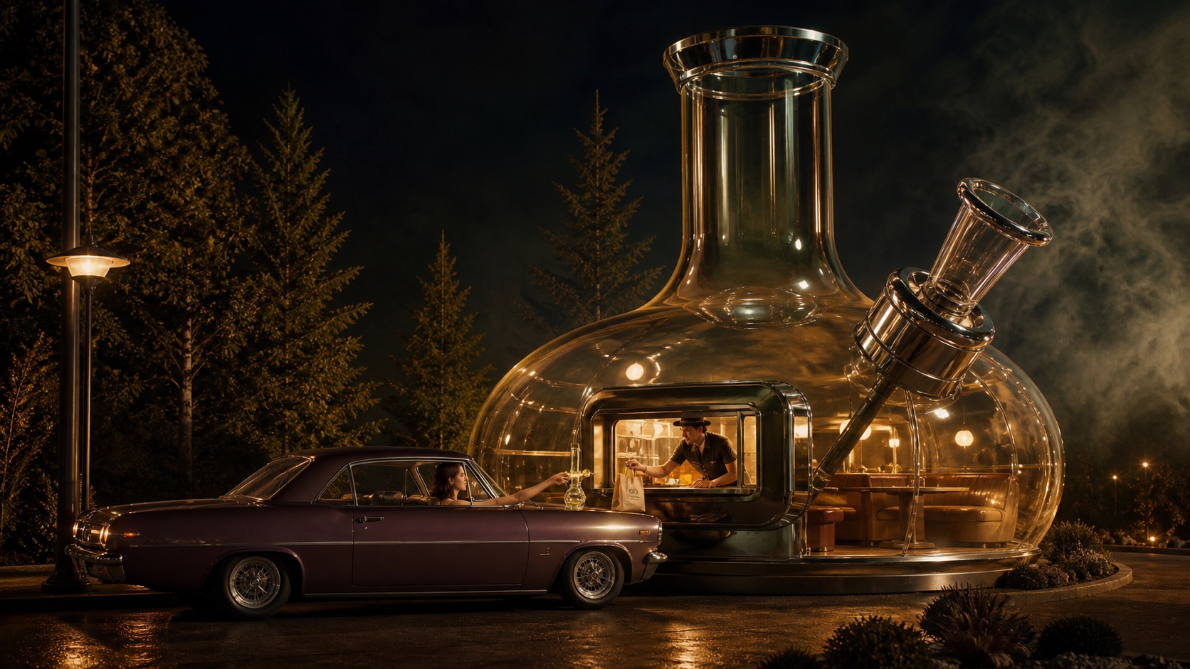 A car at a drive-through shop shaped like a giant glass bong