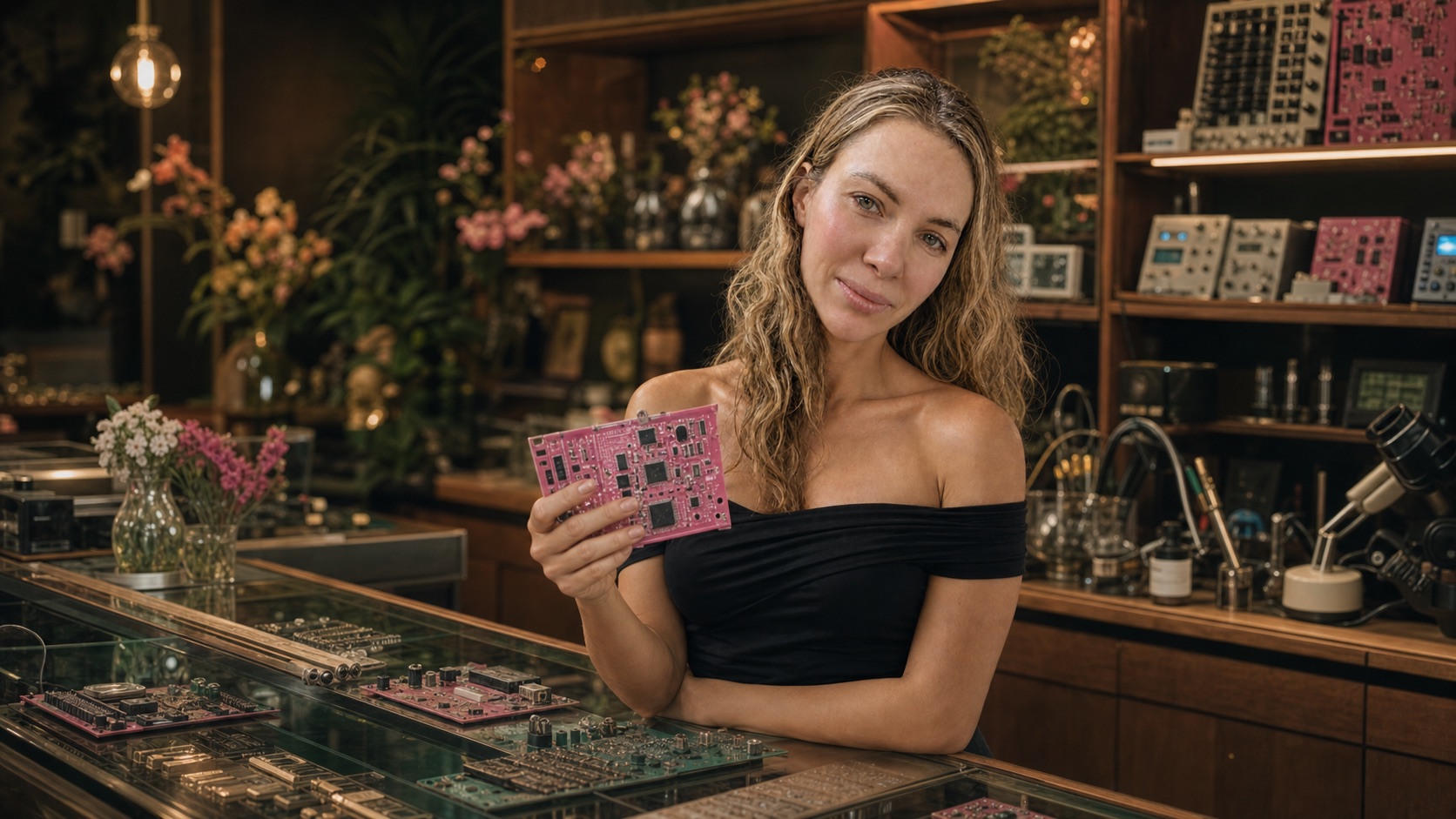 Woman buying a pink printed circuit board in an electronics shop